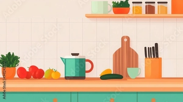 Fototapeta A serene kitchen scene with fresh vegetables, fruits, and herbal teas, symbolizing the connection between nutrition and stress relief.