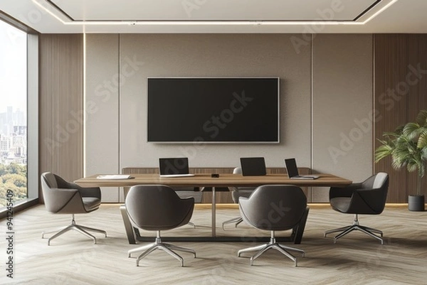Fototapeta Dining room corner with white chairs, long table, and TV in front of white wall