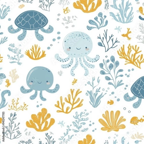 Fototapeta Animated underwater world, sea ocean pattern, cartoon illustration hand drawing with animals and plants