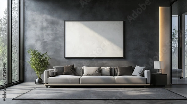 Fototapeta Modern luxury interior design of a living room in house and sun rays from the window against the background of concrete walls. White balnk painting frame in the middle to place your design