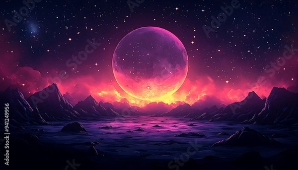 Fototapeta A large, glowing pink moon hangs over a mountainous landscape, with a starry night sky and a red glow reflecting off the clouds.