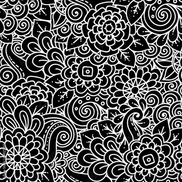 Fototapeta Seamless  floral retro doodle black and white pattern in vector. 