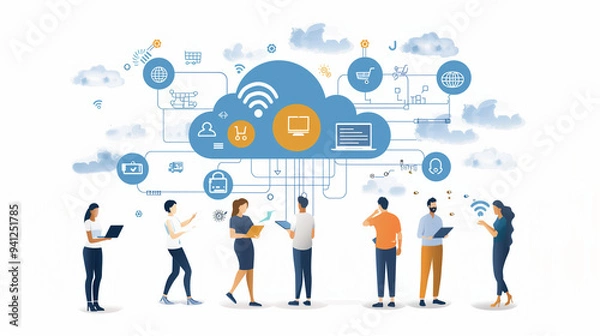 Obraz Cloud computing concept with professionals collaborating, featuring data security, connectivity, and digital transformation icons.