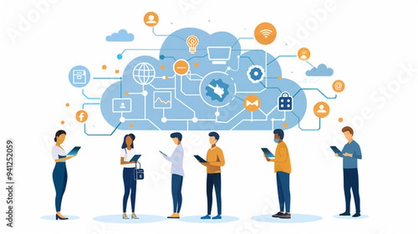Fototapeta Cloud computing concept with professionals collaborating, featuring data security, connectivity, and digital transformation icons.