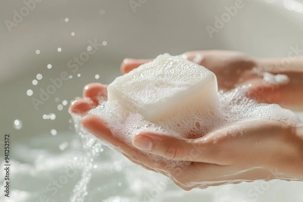 Fototapeta Hands holding a bar of soap with bubbles near a serene bath setting in soft natural light
