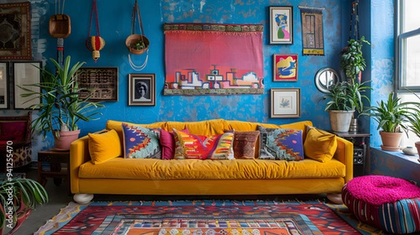 Fototapeta A vibrant and colorful living room with bold patterns, eclectic artwork, and a mix of textures, creating a lively and dynamic space