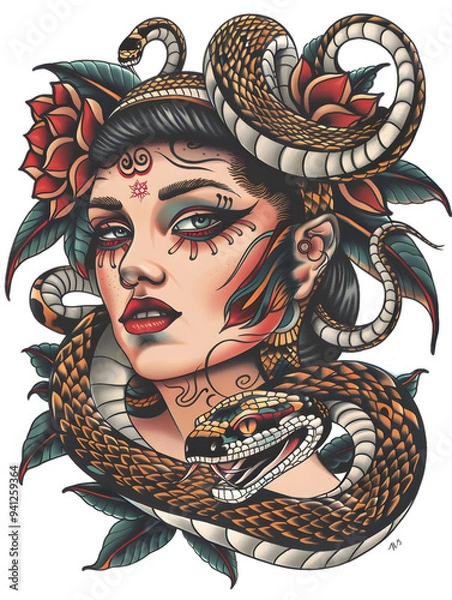 Obraz Beautiful womans face wearing snake costume very simple traditional tattoo flash styles illustration