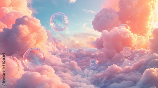Fototapeta Multicolored Soap Bubbles Cloudscape Wallpaper. Airy Soothing Unicorn Fairytale Illustration. Pink Sunset, Sunrise over Water. Rainbow Airy Flying Soap Bubbles. Gradient Sky Romantic Cloudscape.
