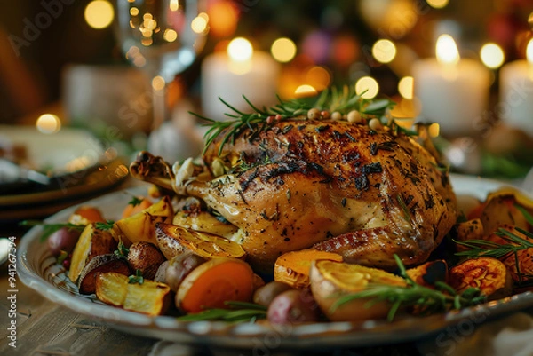 Fototapeta Roasted holiday turkey served with assorted vegetables and garnished with rosemary, set on a festive dinner table with candles