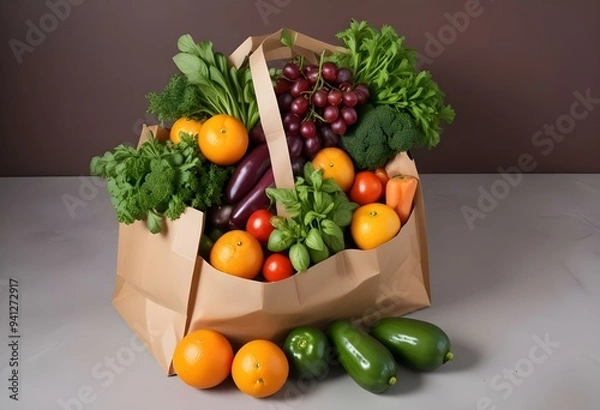 Fototapeta Healthy food background with a paper bag overflowing with fresh herbs like basil and parsley, crunchy vegetables like cucumbers and bell peppers, and juicy fruit