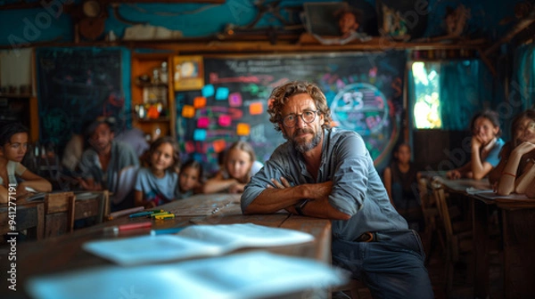 Fototapeta Middle-aged professor with eyeglasses looking at the camera in a school environment