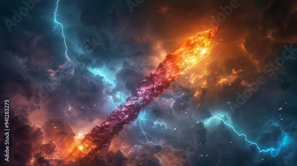 Fototapeta A fiery, celestial arrow pierces a stormy nebula, surrounded by bolts of lightning.