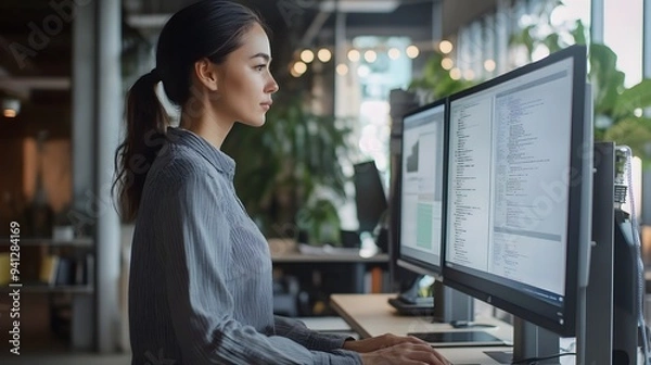 Fototapeta 9. An office worker using a standing desk, focused on a computer screen with multiple windows open