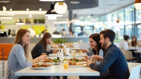 Obraz 26. A team of office workers enjoying lunch at a modern cafeteria with bright, comfortable seating