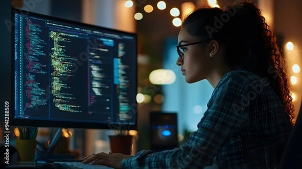 Obraz 35. An office worker focused on detailed coding work on a computer screen, surrounded by tech gadgets