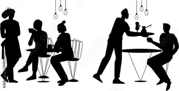 Fototapeta Silhouette image of a scene in a cafe or coffee shop. People sitting in cafe, chatting, and waitress taking order, outline graphic illustration.