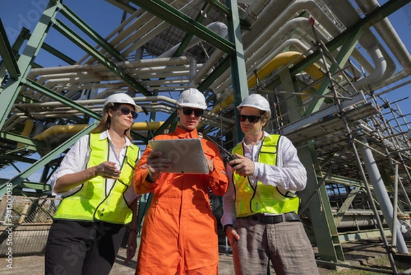 Fototapeta Group of petroleum engineers having a discussion at the site