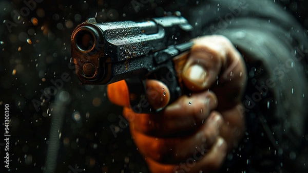 Fototapeta Close-up of a pistol being held in a steady hand during a tense moment in the rain