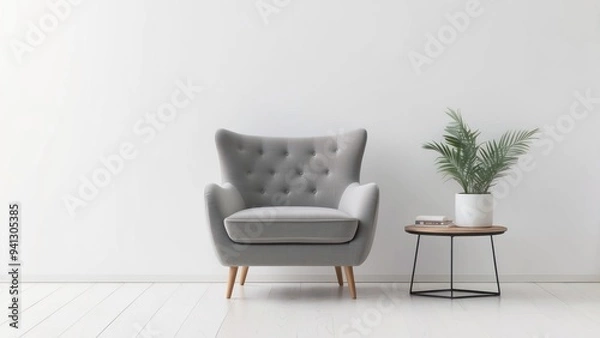 Fototapeta Gray Armchair with Wooden Legs and End Table in a Minimalist Setting
