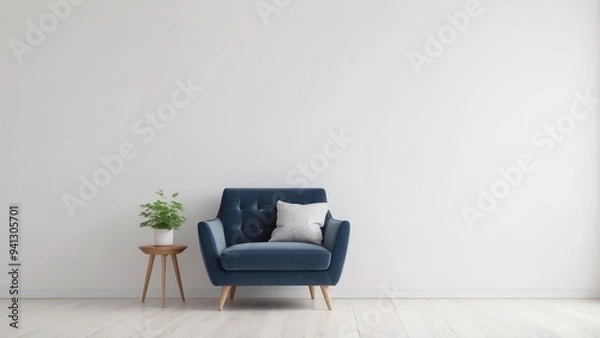 Fototapeta Blue Armchair with Pillow in Minimalist Interior