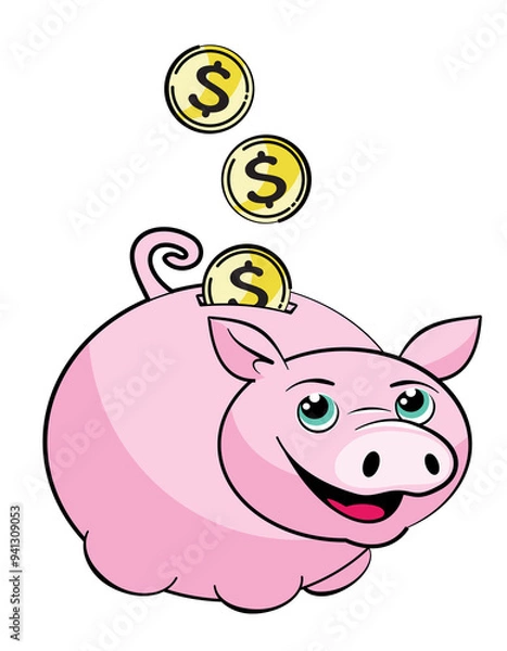 Fototapeta Happy pink cartoon piggy bank with three gold coins being dropped or inserted into it