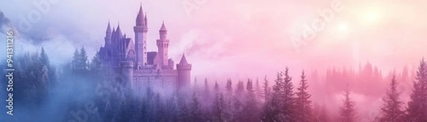 Obraz A mystical castle surrounded by enchanting forests and soft pastel skies, creating a serene and magical atmosphere.