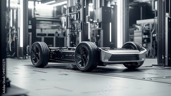 Fototapeta Minimalist A simplified, clean image focusing on the essential shapes and lines of an electric vehicle chassis, with a subtle hint of the factory environment in the background