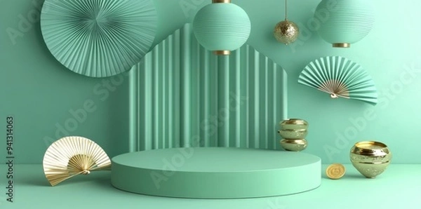 Fototapeta A round podium scene surrounded by green and gold Chinese New Year celebration symbols, including fans, lanterns, and qians. Illustration and 3D render.