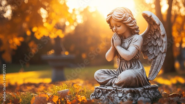 Fototapeta Statue of a praying angel surrounded by autumn leaves in a golden hour light