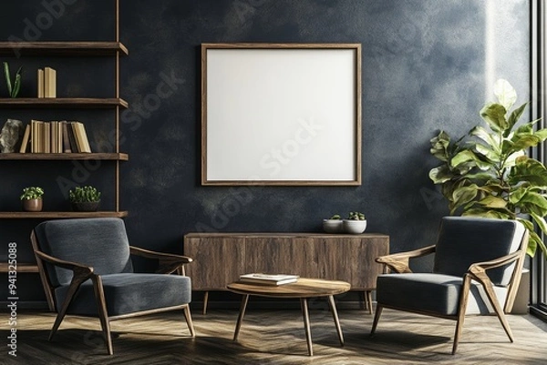 Fototapeta A mock-up of a grey living room interior with armchairs and a bookshelf