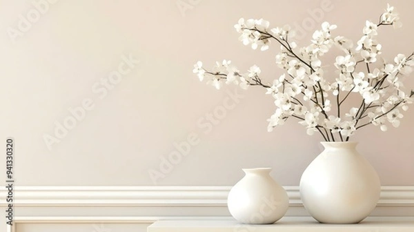 Fototapeta White flowers in a white vase on a table, set against pastel beige walls, creating an elegant and minimalist home decor look.......