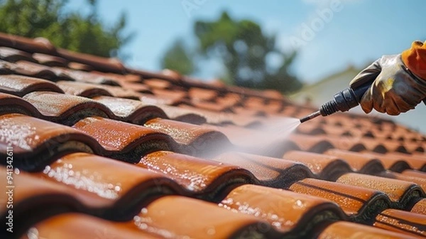 Fototapeta A person cleaning a tiled roof with a pressure washer on a sunny day.