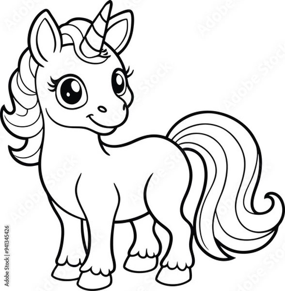 Fototapeta Cute Cartoon Unicorns isolated on white background. Cute unicorn line and color. Vector illustration for coloring books