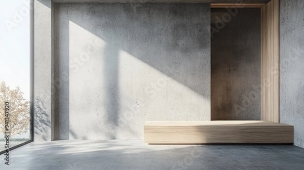 Fototapeta Abstract interior design featuring concrete and wood elements with a window 3D rendering