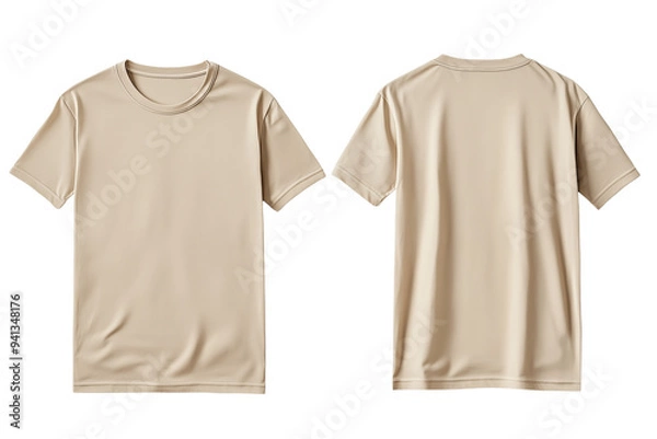 Obraz Beige empty blank front and back side t-shirt mockup template close up detail against transparent PNG background.