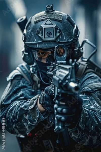 Fototapeta A man in a military uniform holds a gun, ready for action
