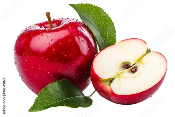 Obraz Healthy red shiny apple half with green leaves isolated on transparent background.