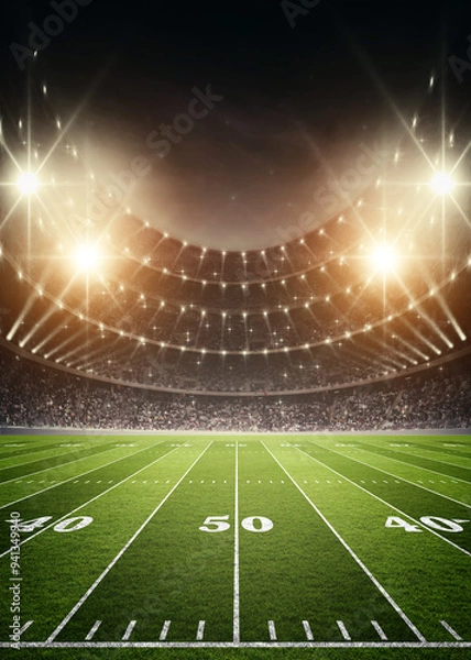 Obraz IIuminated American Football Stadium at night with empty field. An imaginary American Football Stadium is modelled and rendered.