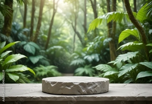 Fototapeta Stone tabletop podium floor in outdoors tropical garden forest blurred green leaf plant nature background.Natural product placement pedestal stand display,jungle paradise concept.