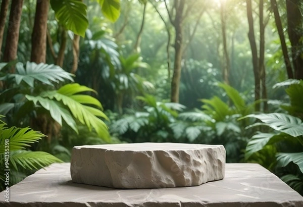 Fototapeta Stone tabletop podium floor in outdoors tropical garden forest blurred green leaf plant nature background.Natural product placement pedestal stand display,jungle paradise concept.