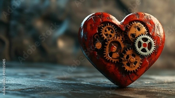 Fototapeta A rustic red heart with visible gears and cogs, symbolizing a steampunk aesthetic, mechanical love, and industrial design elements.
