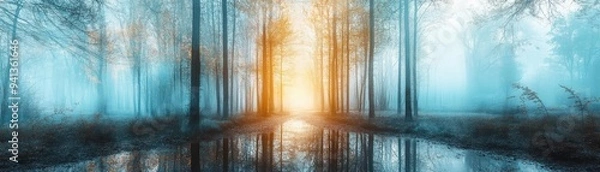Fototapeta A serene forest scene with ethereal light penetrating through misty trees, creating a tranquil atmosphere.