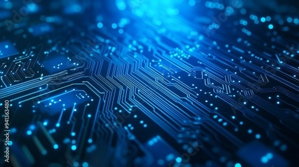 Fototapeta Blue circuit patterns form an abstract design on a high-tech circuit board. The blurry background evokes a sense of innovation and technological advancement in the fields of networking and computing. 