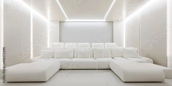 Obraz A minimalist white home theater with plush couches and recessed lighting