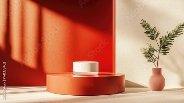Fototapeta 3D rendering of a neutral background for cosmetic cream showcasing a modern red podium