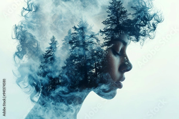 Fototapeta Creative double exposure image blending woman profile with misty forest, evoking sense of nature and introspection, symbolizing connection between human spirit and natural world