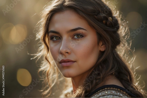 Fototapeta Portrait of a beautiful young biblical woman in bokeh background and copy space