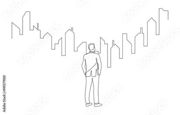 Fototapeta Continuous one line drawing of businessman looking at real estate market price graph, property investment concept, single line art.

