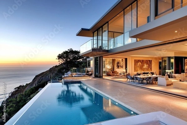 Fototapeta Modern house with infinity pool overlooking the ocean at sunset.