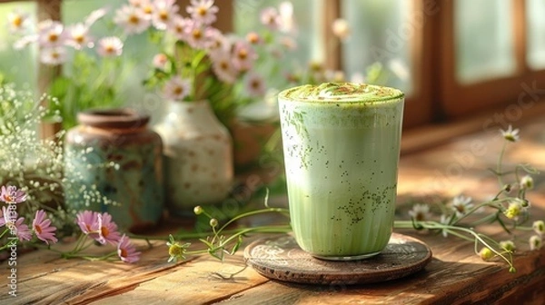 Fototapeta Fresh Matcha Latte with Flowers in Background - Generative AI